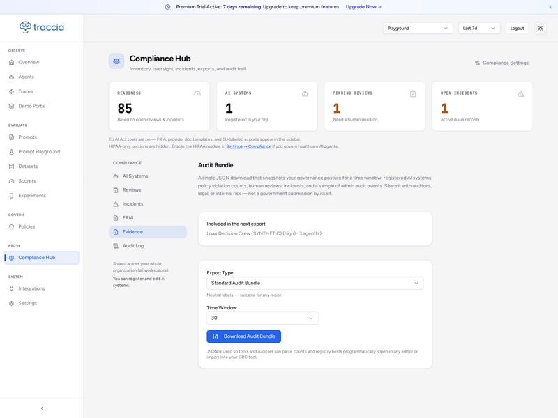 Traccia Audit Bundle export screen: a Standard Audit Bundle for the Loan Decision Crew SYNTHETIC (High, 3 agents), with a Download Audit Bundle button and a note that it snapshots registered systems, policy violations, human reviews, incidents, and audit events