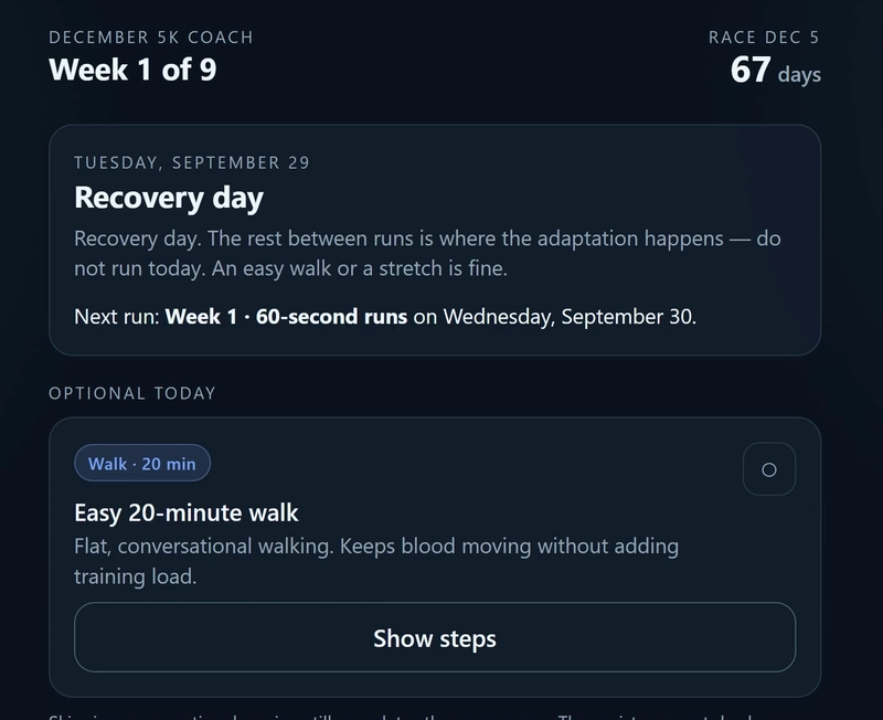 5K training coach app showing a recovery day and the weekly plan