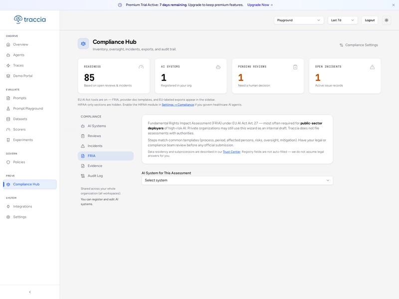 Traccia FRIA wizard: a Fundamental Rights Impact Assessment for the selected AI system 'Loan Decision Crew (SYNTHETIC) (high)', with fields for provider, deploying authority, role, and legal basis