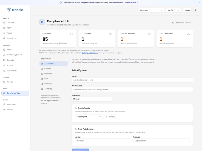 Traccia Compliance Hub dashboard showing Readiness 85, AI Systems 1, Pending Reviews 1, Open Incidents 1, with the Add AI System form below