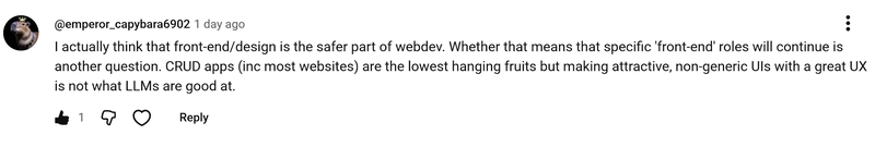 YouTube comment arguing frontend design is the safer part of web dev