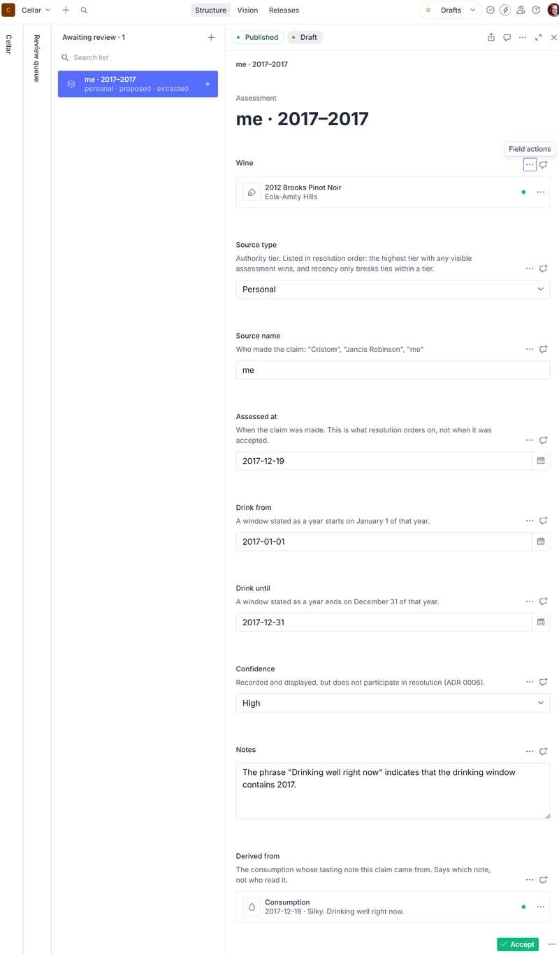 A proposed assessment in the Studio: review state read-only and set to proposed, source method extracted, a reference back to the consumption it came from, and a notes field quoting the phrase the window was drawn from
