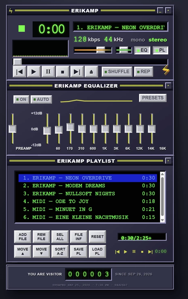 ErikAmp, a Winamp-style MP3 player with an equalizer and playlist